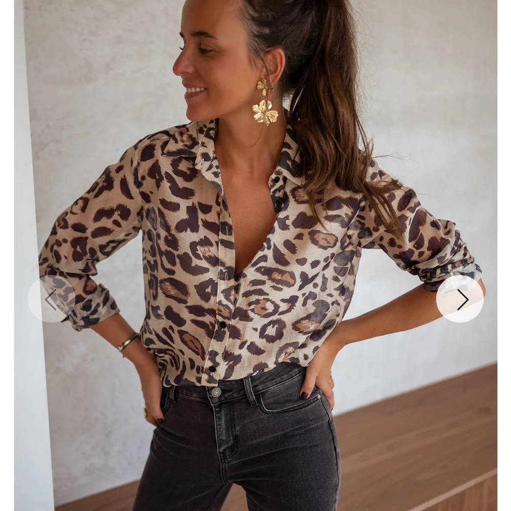 Leopard Print Button-Down Shirt - Brown Multifuture